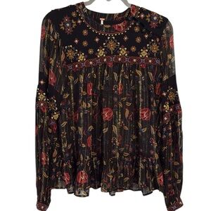 FREE PEOPLE Women’s Small Boho Beaded Sheer Gold Threading Ruffle Holiday Blouse